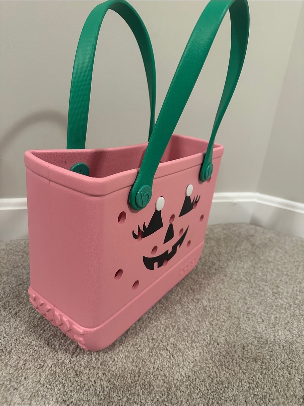NWT Bitty Bogg Bag Pink Jack-O'-Lantern Tote with Green Handles - Picture 5 of 7